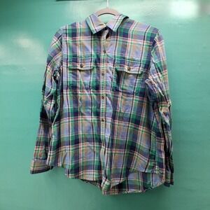 Chaps Denim Button Down Shirt Large Green Blue Plaid‎ Flannel Gorpcore Z87